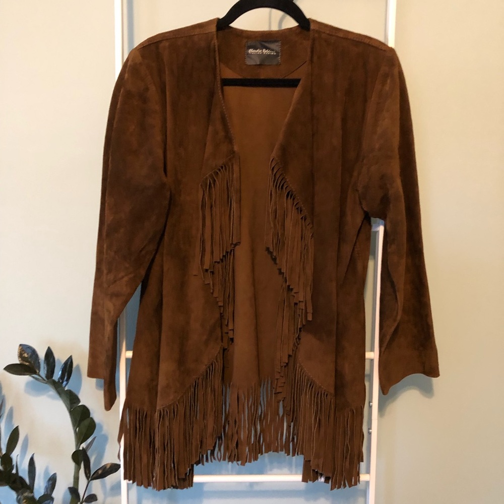 Claudia Roldani Italian Design Leather Brown Western Cowboy Boho Tassel Jacket